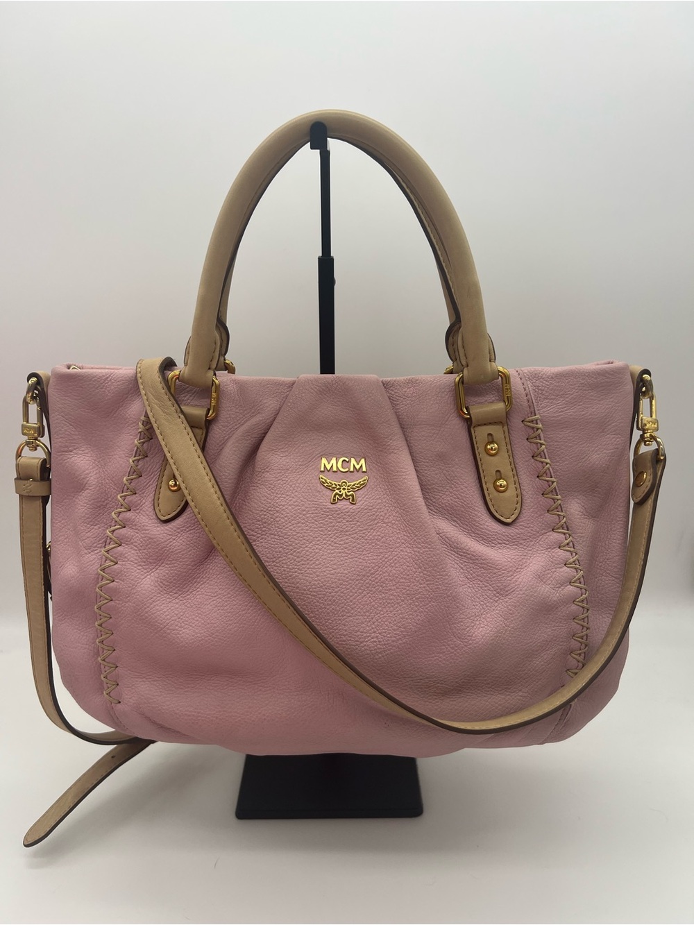 MCM Mauve Pink Leather Shoulder Bag with Tan Trim